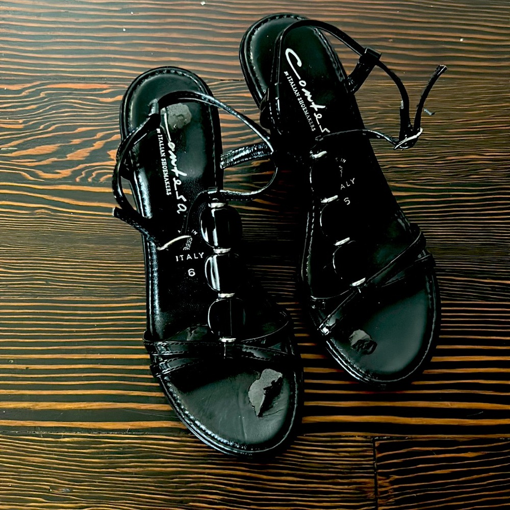 Black Contesa Italian Shoemakers adjustable strap wedge sandals